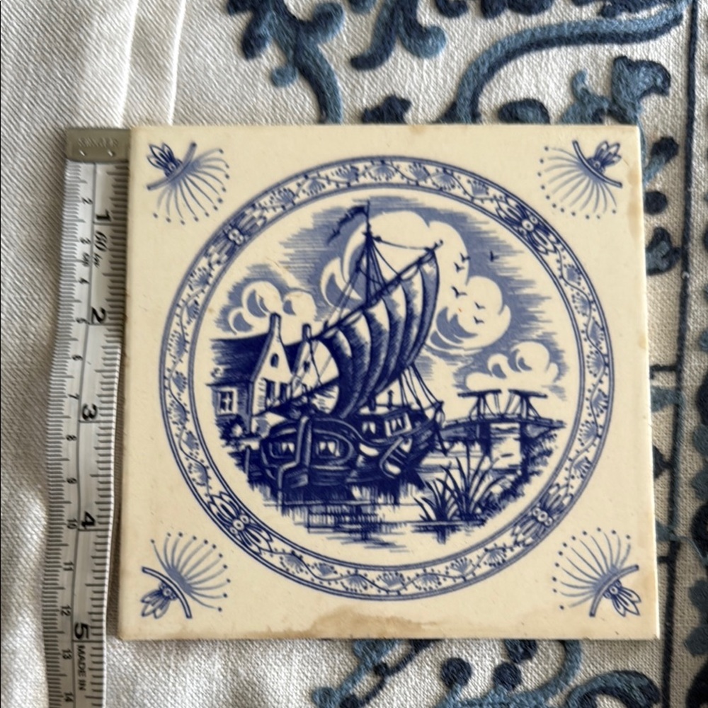 Blue and White vintage delft Nautical Ceramic Tile from an old fireplace front